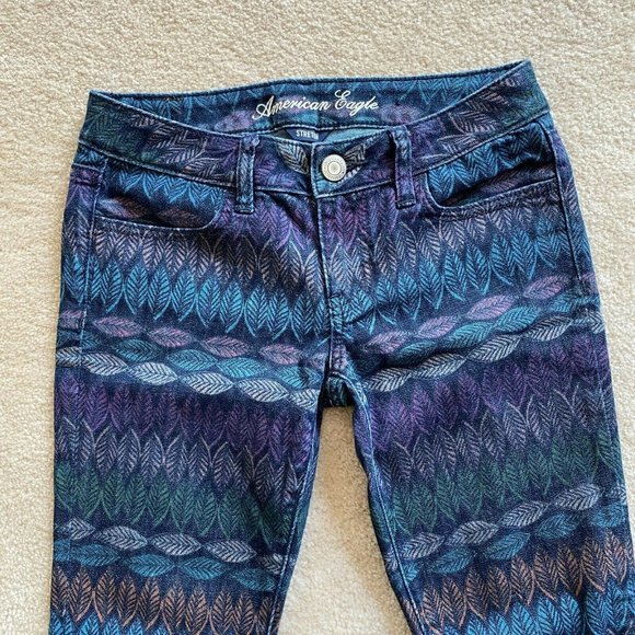 AE Stretch 0 Leaf Patterned Jegging Crop Ankle Jeans Zip Hems - Picture 3 of 10